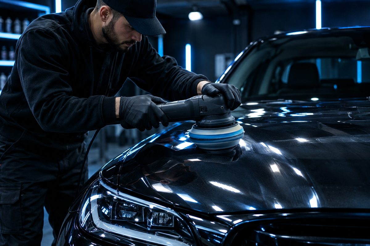 Fahrzeugaufbereitung: Politur einer Motorhaube mit der Poliermaschine